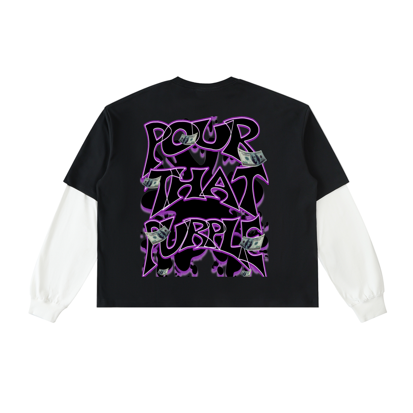 "Pool Warter Pour That Bubbly" Layered Contrast Sleeve Cotton T-Shirt