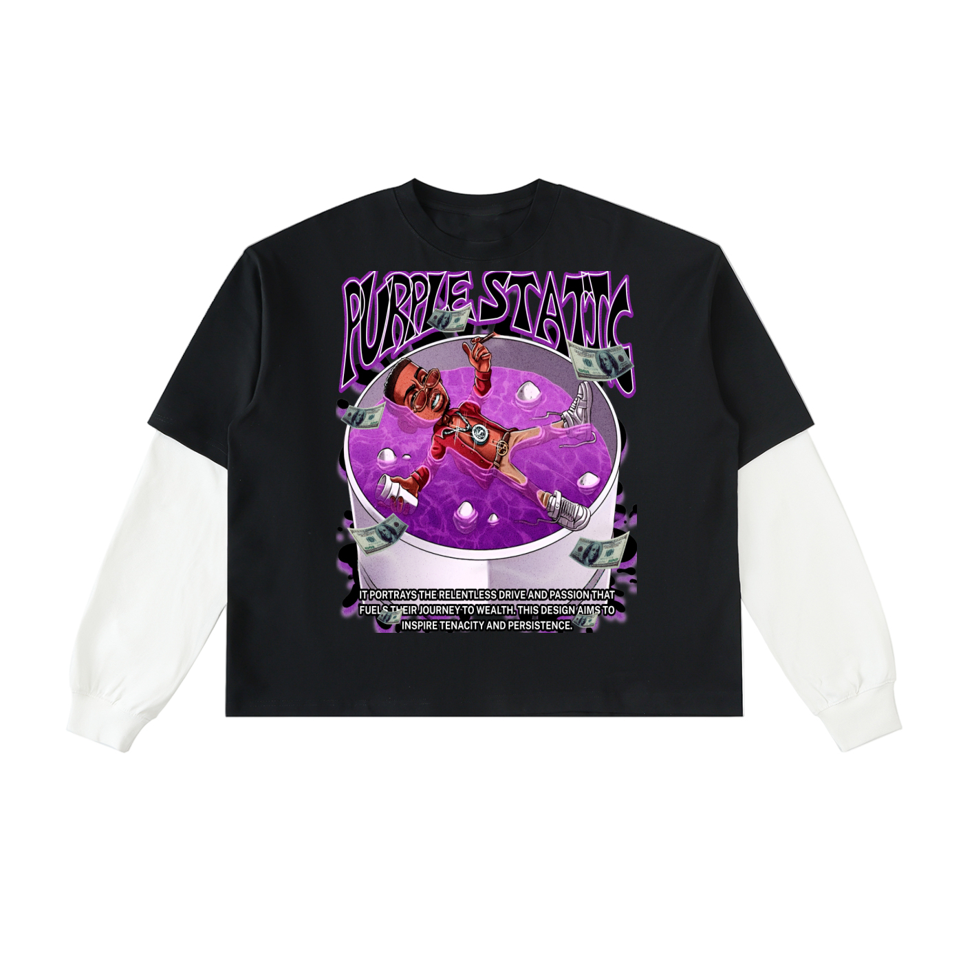 "Pool Warter Pour That Bubbly" Layered Contrast Sleeve Cotton T-Shirt