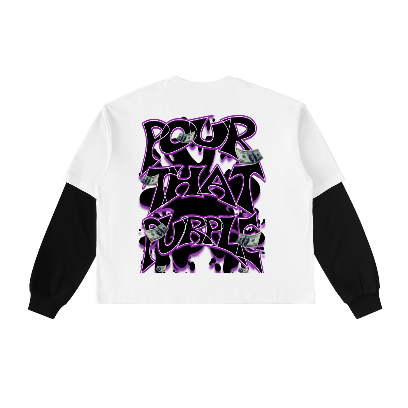 "Pool Warter Pour That Bubbly" Layered Contrast Sleeve Cotton T-Shirt