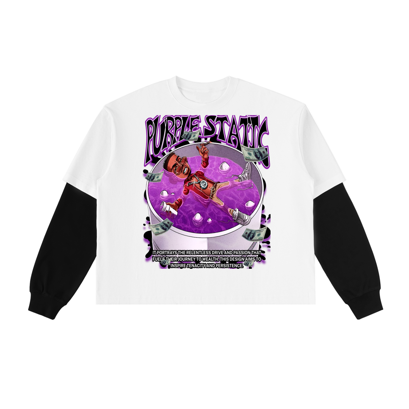 "Pool Warter Pour That Bubbly" Layered Contrast Sleeve Cotton T-Shirt